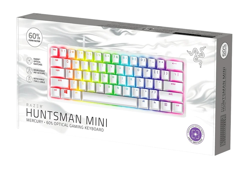 Gaming Keyboard Razer Huntsman Mini, Mechanical, 60% Form Factor, Optical Clicky SW, Aluminum, Doubleshot PBT Keycaps, Macro, RGB, USB, EN, White
