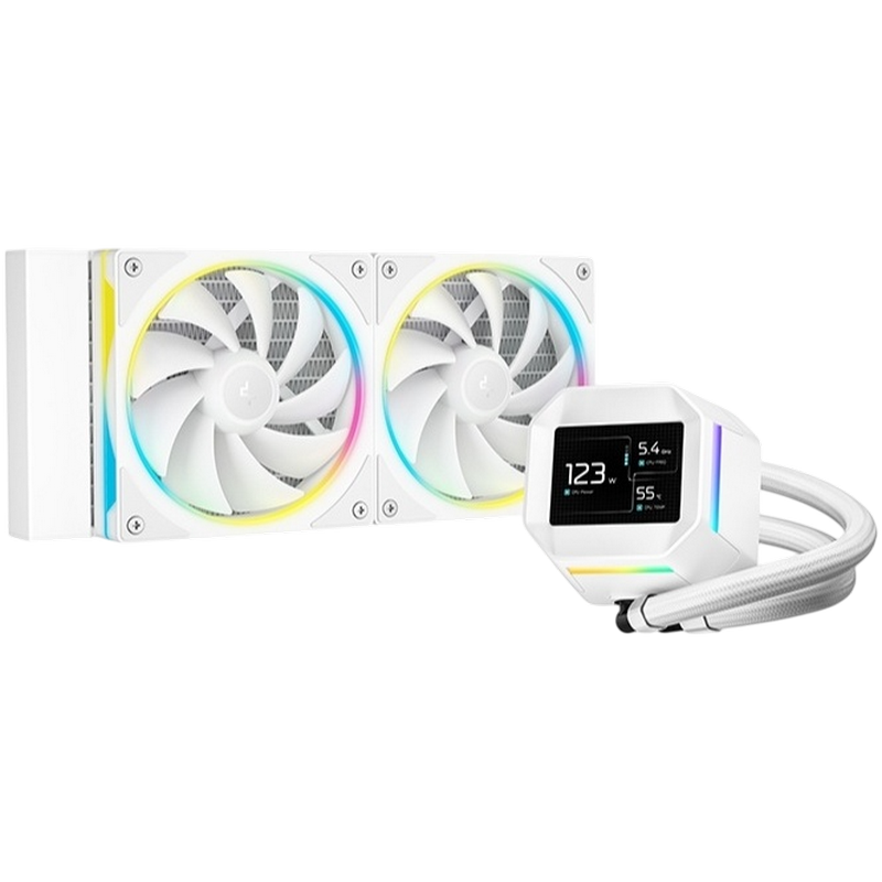 AIO Liquid Cooling Deepcool "LM240" (<38.71dBA, 600-2400RPM, 66.32CFM, 2x120mm, 2400 RPM, ARGB, 2.4" IPS display with MP4 video, 1530g.) White