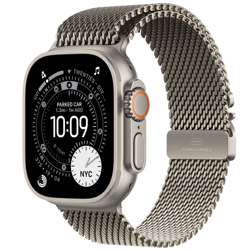 Apple Watch Ultra 3 GPS + Cellular, 49mm Natural Titanium Case with Natural Titanium Milanese Loop - Large, MF0E4