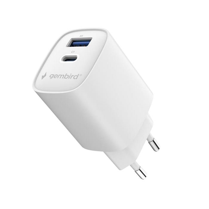 2-port 45 WUSB-C/USB-A fast charger, White, Gembird TA-UC-1A1C-PD45-01-W