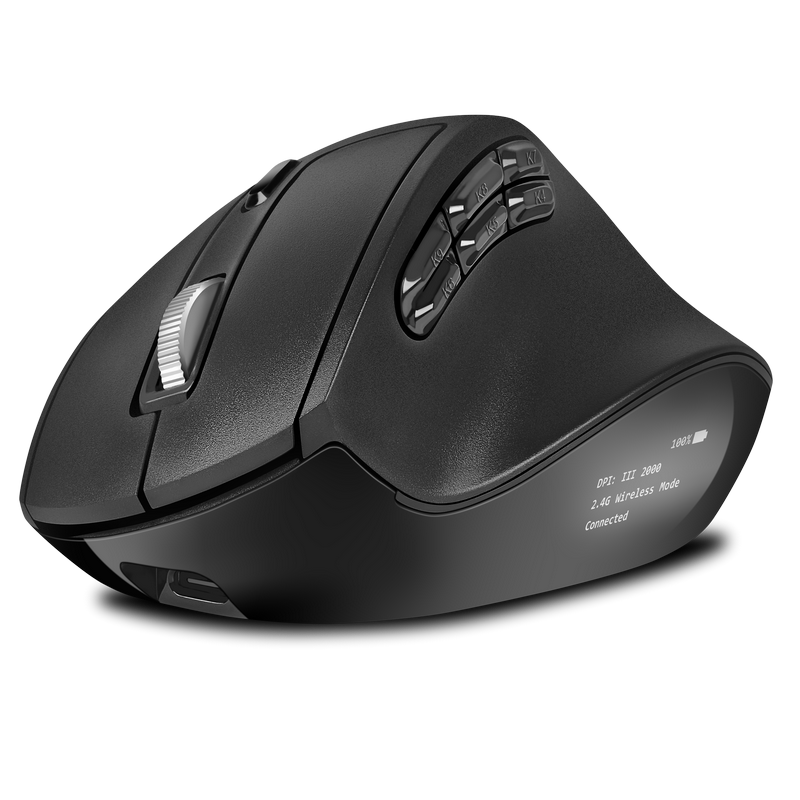 Wireless Mouse SVEN RX-470W, 1200-2400 dpi, 11 buttons, Ergonomic, 45° tilt, OLED display, Programmable, 114g., 500mAh, 2.4Ghz+BT, Black