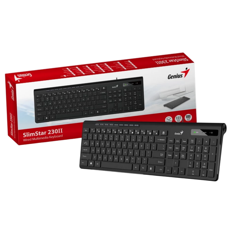Keyboard Genius SlimStar 230 II, Multimedia, 12 Fn keys, Low-profile, Chocolate keycap, Brushed metal finish, 1.4m, USB, EN/RU, Black