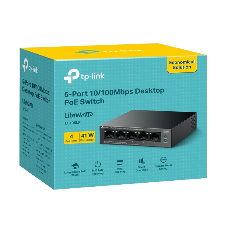 .5-port 10/100M TP-LINK PoE Switch, "LS105LP", with 4-Port PoE, steel case, Autorecovery, 41W Budget