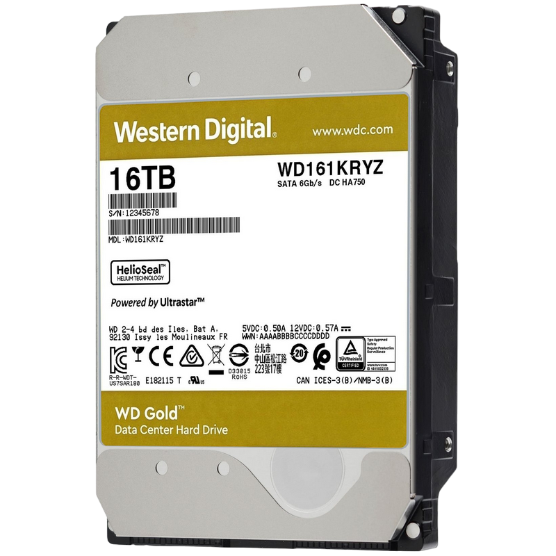3.5" HDD 16.0TB-SATA-512MB Western Digital "Gold (WD161KRYZ)", Enterprise, 24/7, CMR, 7200rpm, 2.5M (MTBF)