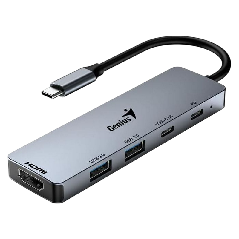 USB-C Hub 5-in-1: 100W PD x1, USB-C 3.0 x1, USB-A 3.0 x2, HDMI x1, Genius UH-500, Gray