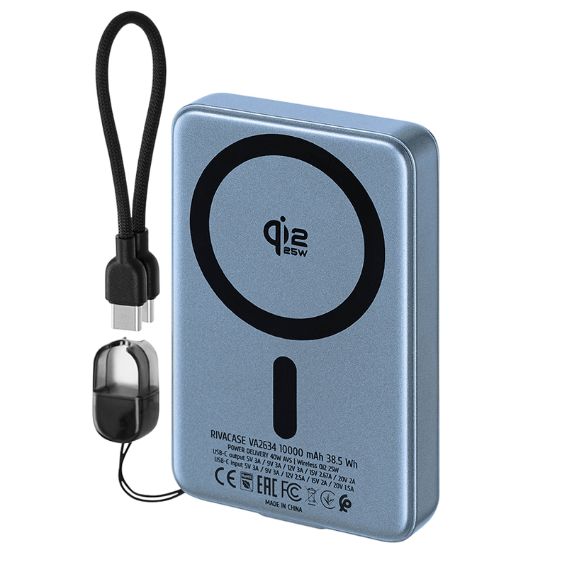 Power Bank Rivacase 10000 mAh, Magsafe Qi2, 25W + AVSPD 40W, VA2634, Dark Grey