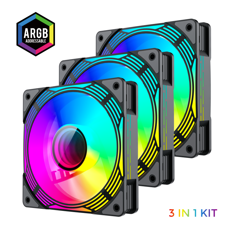 PC Case Fan GAMEMAX KF300 BK, 3xARGB Fan Kit, 120mm, <31.21dB, 800-1600RPM, Remote+ Hub, Black