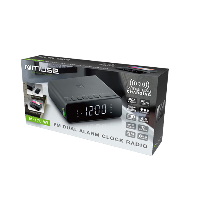 MUSE M-175 WI, Tuner FM, Clocks, Wireless charging 5W, USB charging Port, Black