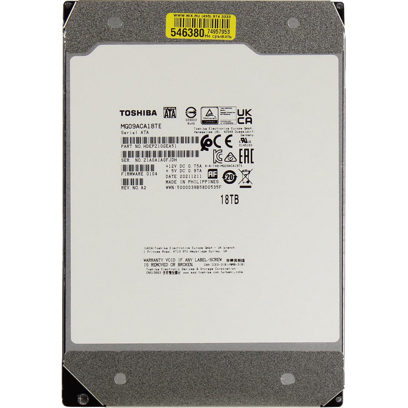 3.5" HDD 18.0TB-SATA- 512MB Toshiba Cloud-Scale Capacity (MG09ACA18TE), Enterprise, CMR, 7200rpm, 2.5M (MTTF)