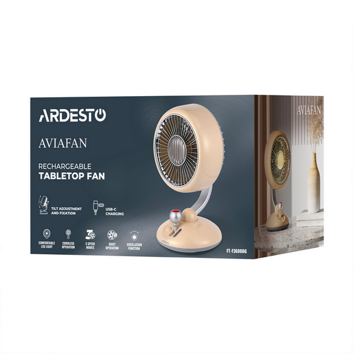 Fan ARDESTO AviaFan FT-F3600BG, 12cm,rechargeable, backlight, USB-A Type-C, Beige