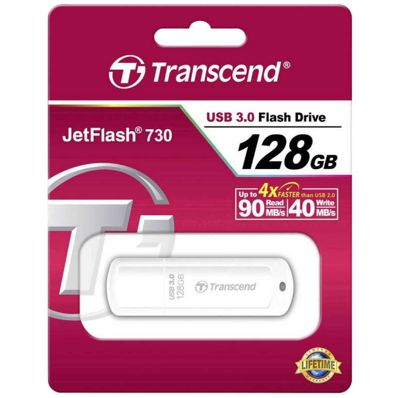 128GB USB3.1 Flash Drive Transcend "JetFlash 730", White Classic Cap (R/W:90/40MB/s)