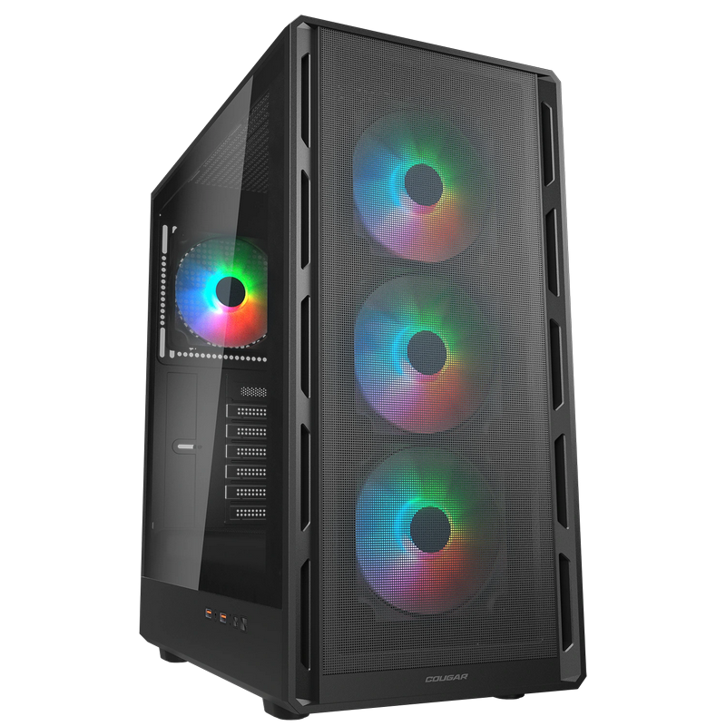 Case ATX Cougar Airface Pure RGB w/o PSU 3x120front 1x120rear RGB fixed Tempered Glass LED controller 2xUSB3.0 1xUSB-C 2x2.5" 2x3.5" RGB Button, Black