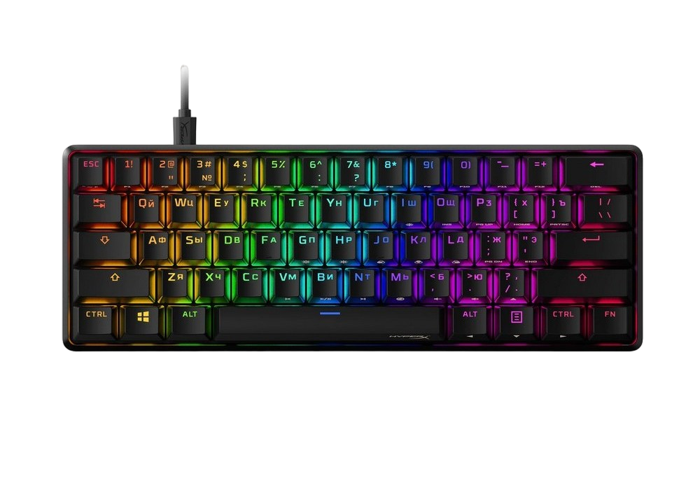 Gaming Keyboard HyperX Alloy Origins 60, Mechanical, 60% form factor, Linear SW, PBT keycaps, Aluminum, Onboard Memory, RGB, EN/RU, 1.8m, USB, Black