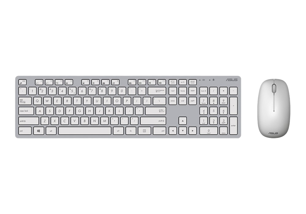 Wireless Keyboard & Mouse Asus W5000, 13 Fn keys, Ultra thin, Metal-like finish, Silent, 800-1600dpi, 3 buttons, 1xAA/2xAAA, 2.4Ghz, EN/RU, White