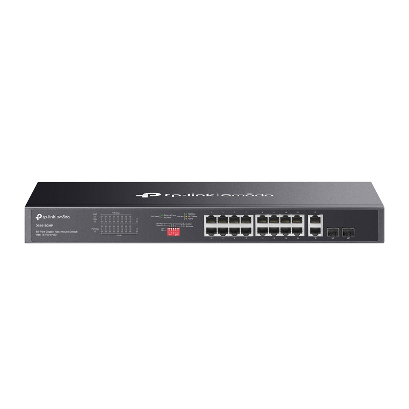 16-Port Gigabit PoE+ Switch TP-LINK "DS1018GMP", 16xPoE+, 2xCombo RJ45/SFP, 250W Budget, Auto Recovery, Isolation, Priority, Steel Case