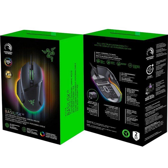 Gaming Mouse Razer Basilisk V3, 26к dpi, 11 buttons, 50G, 650IPS, 101g, Opt.SW, On-Board Memory, HyperScroll, RGB, 1.8m, USB, Black