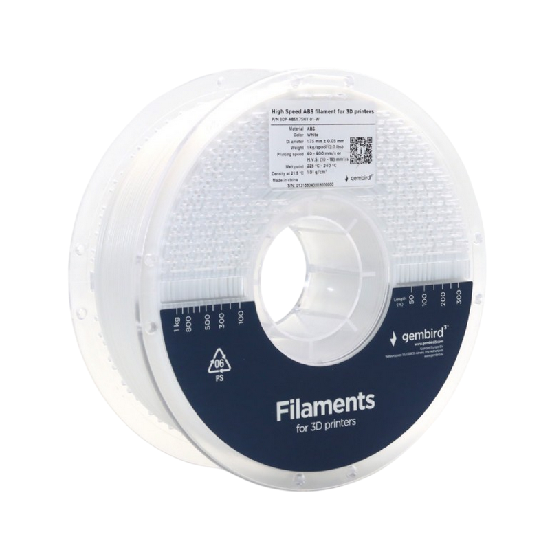 ABS 1.75 mm High Speed Filament White, 1 kg, Gembird, 3DP-ABS1.75HY-01-W