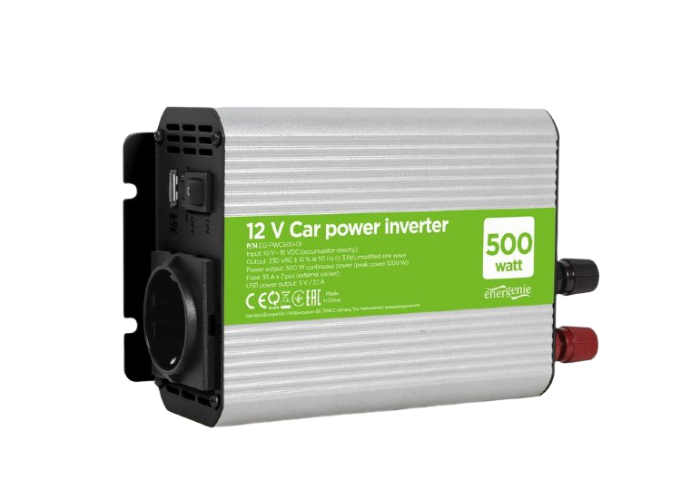 Inverter Energenie car power: Max.500W, Input: 10-16 VDC (accumulator directly), 1xUSB-A, 1xSchuko Socket