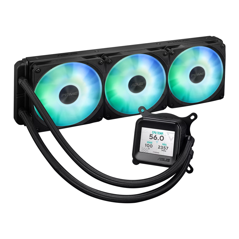 AIO Liquid Cooling Asus "PRIME LC 360 ARGB LCD" (<36,5dBA, 3x120mm, ARGB, 800-3600RPM, 77,22CFM)