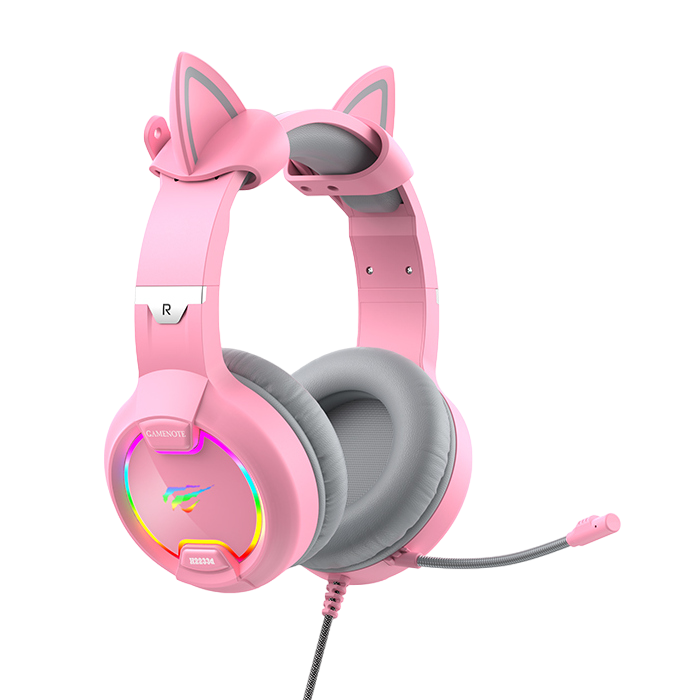 Gaming Headset Havit H2233d, 50mm driver, 20-20kHz, 20 Ohm, 100dB, 2.2m, 3.5mm+USB, RGB, Pink+Ears
