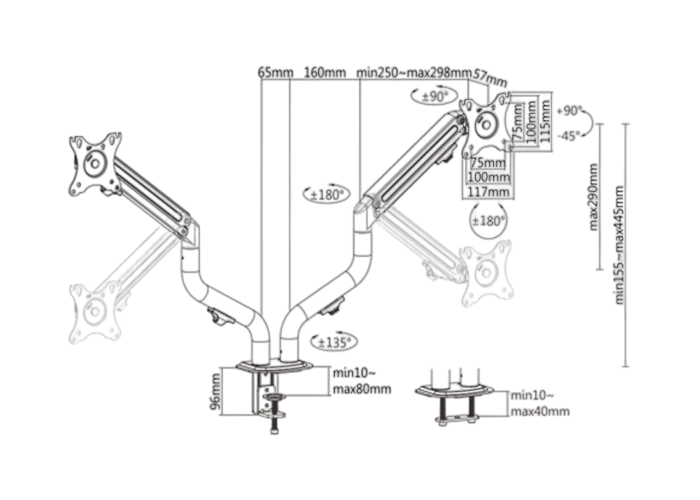 Table/desk 2-display mounting "MA-DA2-02" Gembird (rotate,tilt,swivel),17”-32”,up to 8 kg,VESA:75x75,100x100
