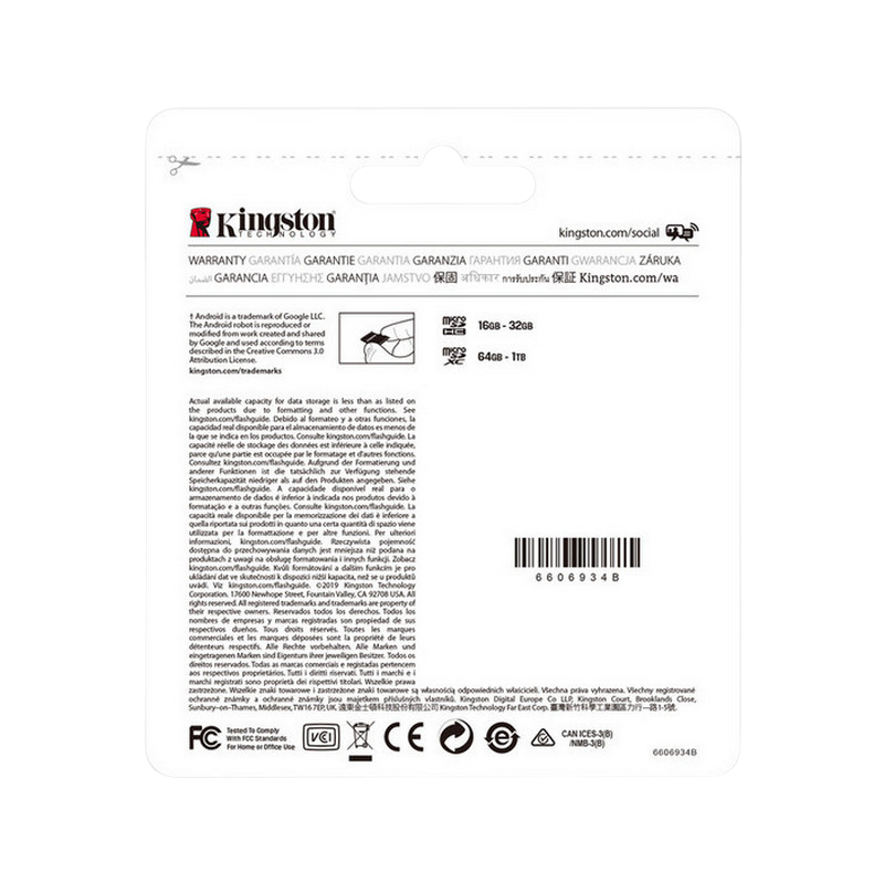 .64GB MicroSD (Class 10) UHS-I (U1) +SD adapter, Kingston Canvas Select+ "SDCS2/64GB" (R:100MB/s)