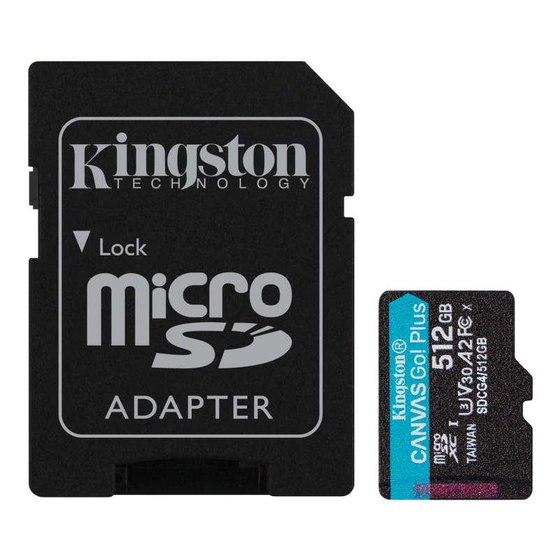 .512GB MicroSD (Class 10) UHS-I (U3) +SD adapter, Kingston Canvas Go! Plus Gen 4 "SDCG4/512GB" (R/W:200/160MB/s)