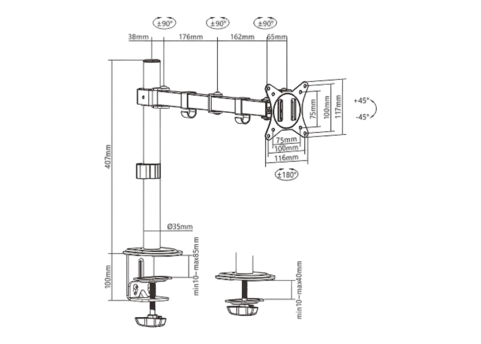 Table/desk 1-display mounting "MA-D1-01" Gembird (rotate,tilt,swivel),17”-32”,up to 9 kg,VESA:75x75,100x100