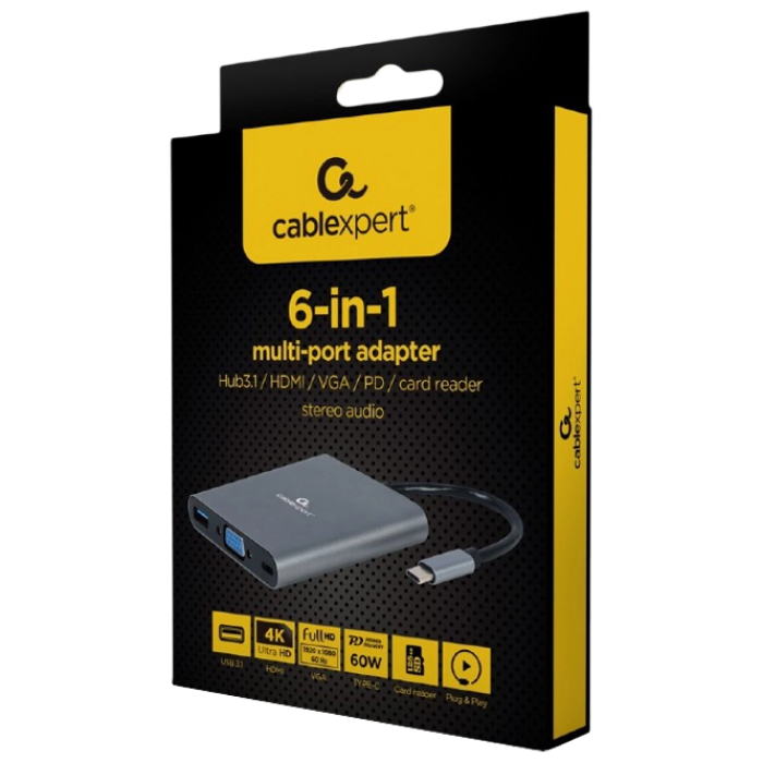 Docking Station Gembird A-CM-COMBO6-01, USB3.1, USB-C, HDMI, VGA, 3.5mm, SD, MicroSD, PD 60W, Metal housing