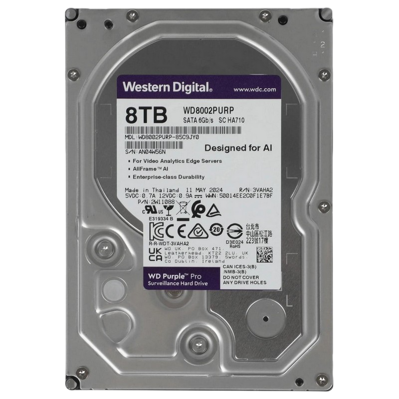 3.5" HDD 8.0TB-SATA-256MB Western Digital "Purple Pro (WD8002PURP)", Surveillance, 24/7, CMR, 7200rpm, 2.0M (MTBF)
