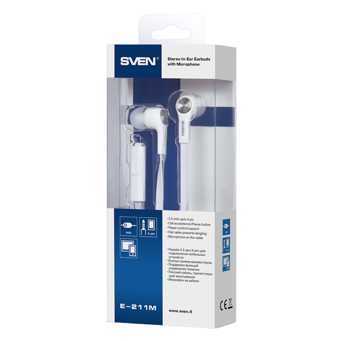 Earphones SVEN E-211M, White, with Microphone, 4pin 3.5mm mini-jack, cable 1.2m
