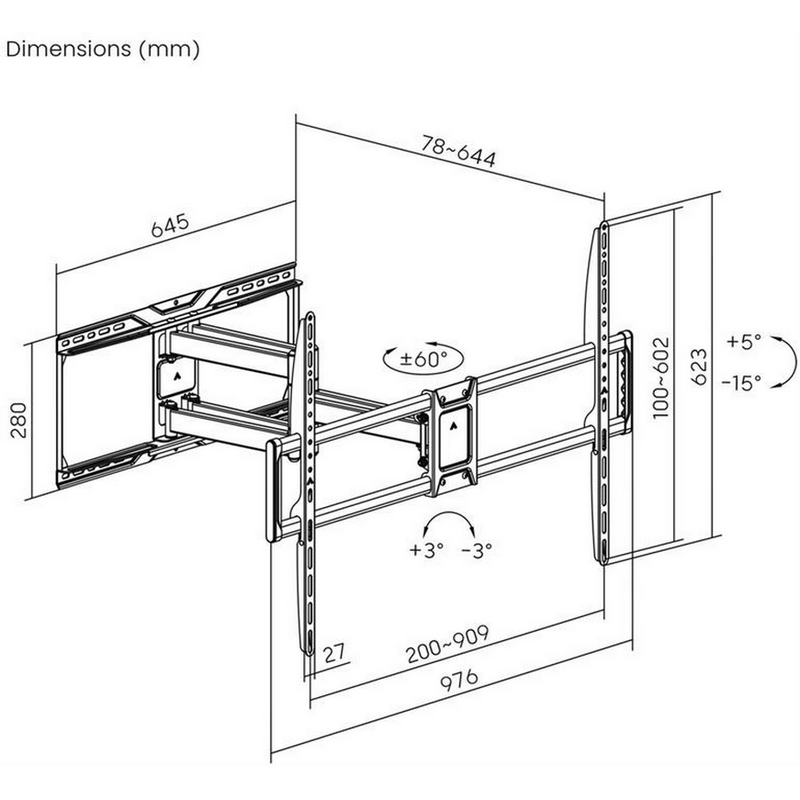 Wall Mount Gembird "WM-105ST-01" Black 50"-105", 75kg, VESA:up 900x600, Wall dist:78 ~ 644 mm