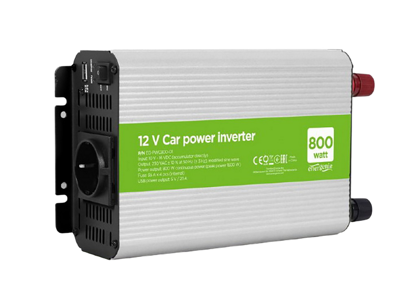 Inverter Energenie car power: Max.800W, Input: 10-16 VDC (accumulator directly), 1xUSB-A, 1xSchuko Socket