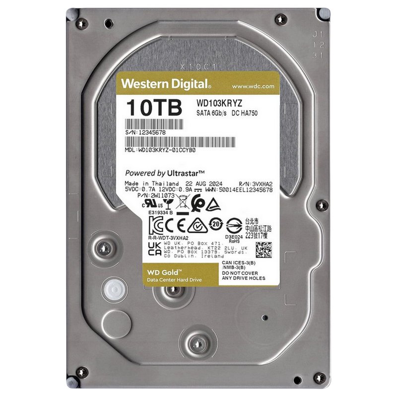 3.5" HDD 10.0TB-SATA-512MB Western Digital "Gold (WD103KRYZ)", Enterprise, CMR, 7200rpm, 2M (MTBF)