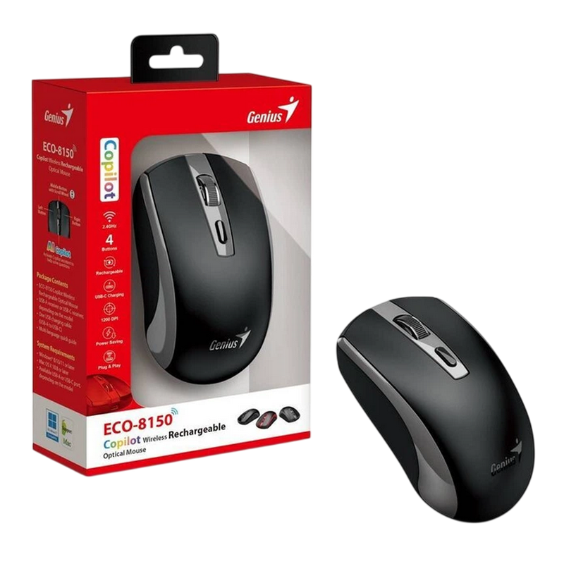Wireless Mouse Genius ECO-8150, 1200 dpi, 4 buttons, Ambidextrous, 81g, BlueEye, Rechargeable, 2.4Ghz, Black/Grey