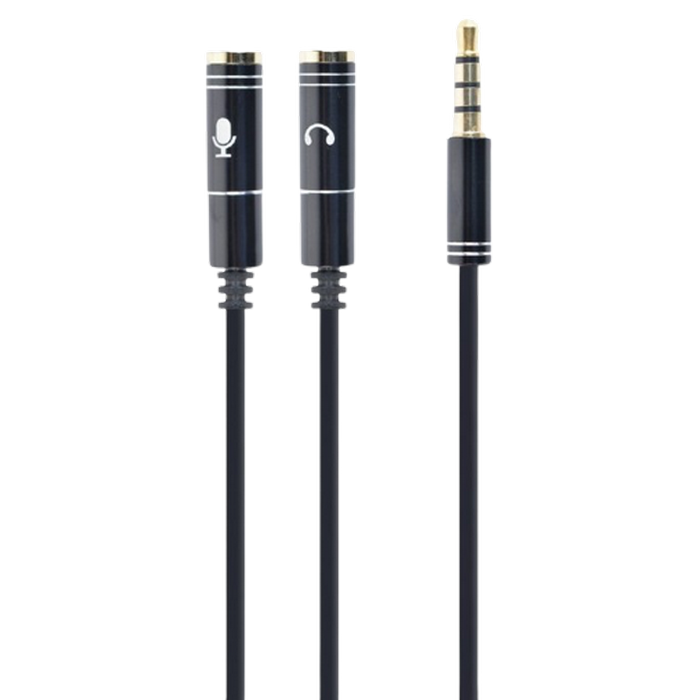CCA-417M 3.5 mm 4-pin plug to 3.5 mm stereo + microphone sockets adapter cable, 20cm, Black