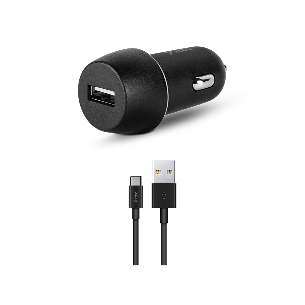 ttec Car Charger USB-A 2.1A with Type-C Cable, Black