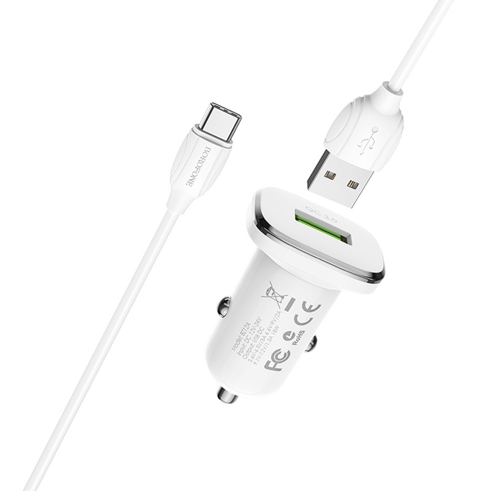Borofone Car Charger USB QC3.0 18W (Cable USB to MicroUSB) BZ12A Lasting, White