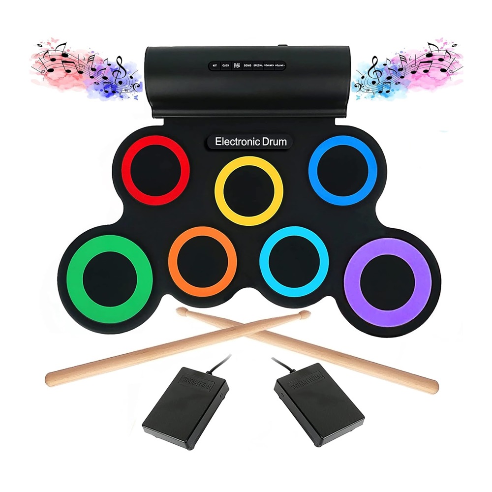 Roll Drum with Built-in Speakers, 7 pads Electronic, Rainbow Color