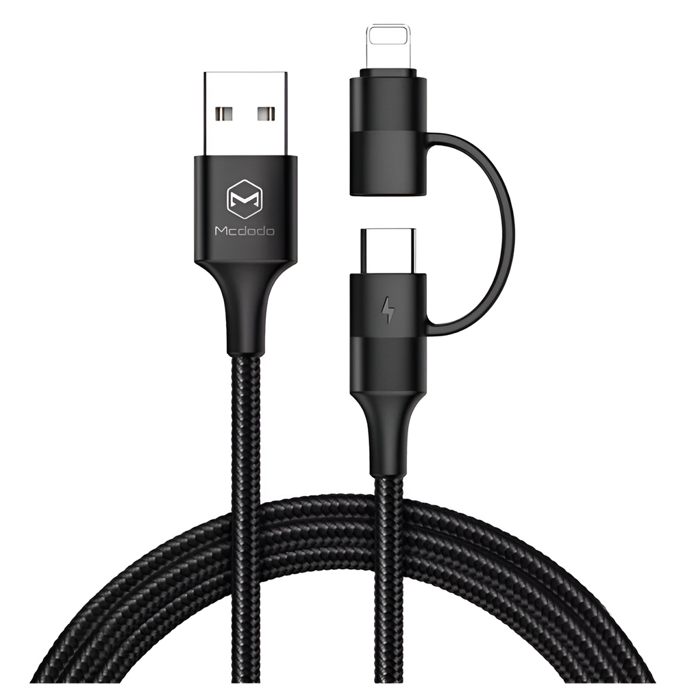 Mcdodo Cable Atom Series 2 in 1 USB-A to Lightning+Type-C with LED 2.4A 1.2m, Black