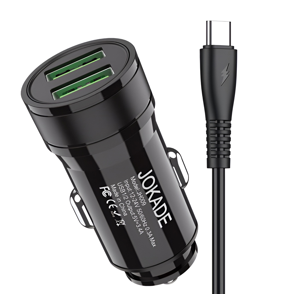 Jokade Car Charger 2*USB-A with Cable USB-A to Type-C 3.4A JH010, Black