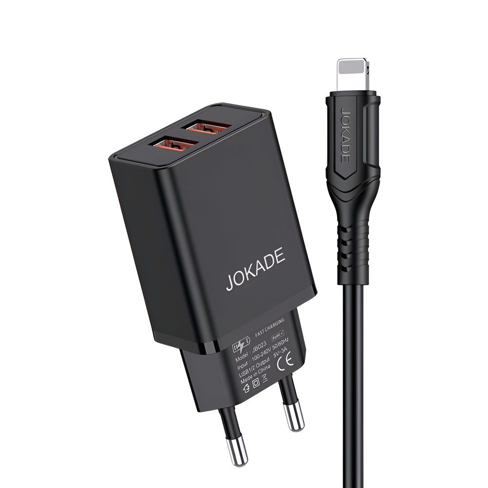 Jokade Wall Charger with Cable USB-A to Lightning Dual Port JB024 3A, Black