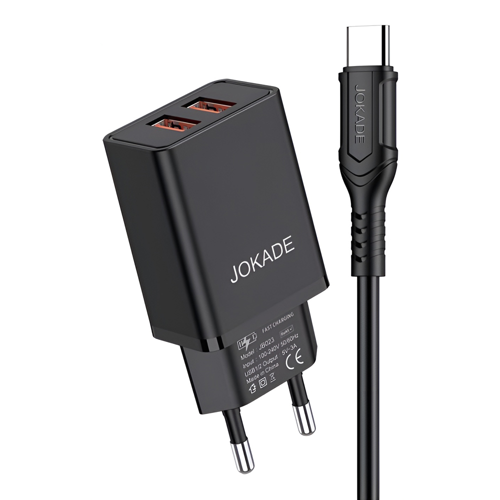 Jokade Wall Charger with Cable USB-A to Type-C Dual Port JB024 3A, Black