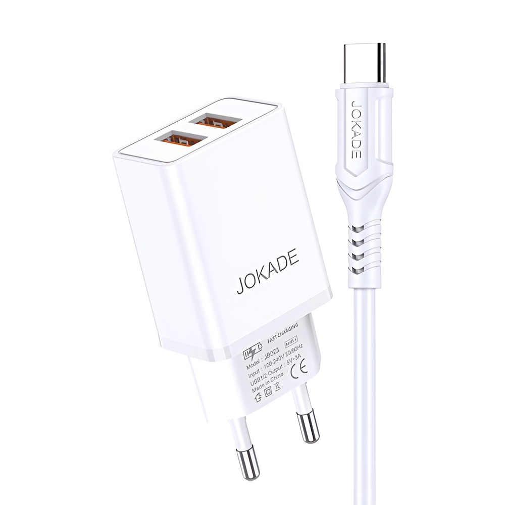 Jokade Wall Charger with Cable USB-A to Type-C Dual Port JB024 3A, White