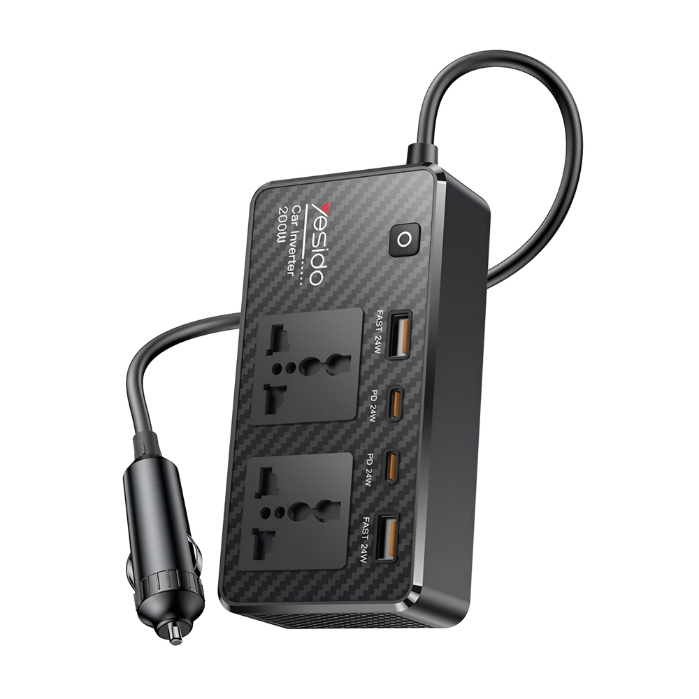 Yesido Car Inverter 12V 200W Max 1*AC220v 1*200W 2*USB-A 2*Type-C, Black