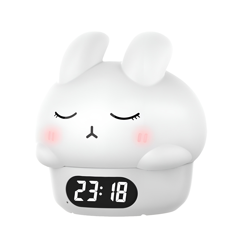 Cute Series Night Light Alarm Clock Tapping Shy Rabbit, White