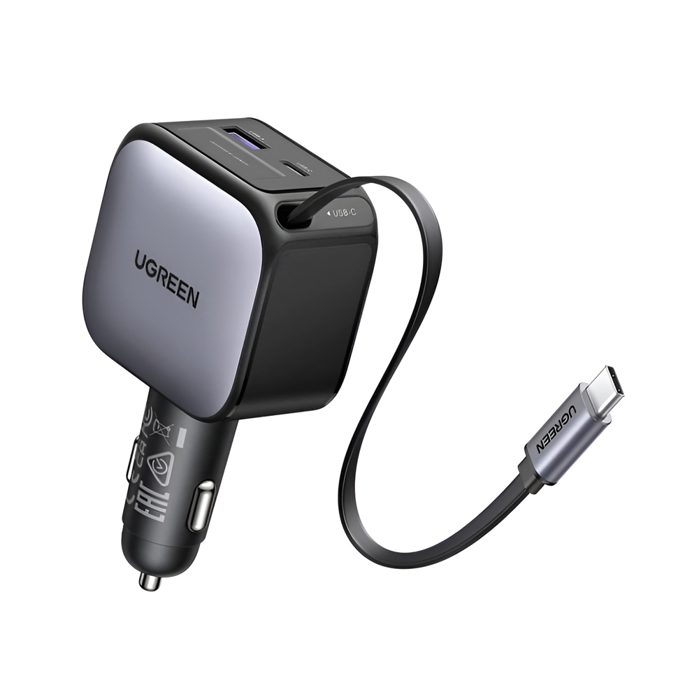 UGREEN Car Charger 1*Type-C+1*USB-A with Type-C Cable, Retractable, 90W, Grey | EC603