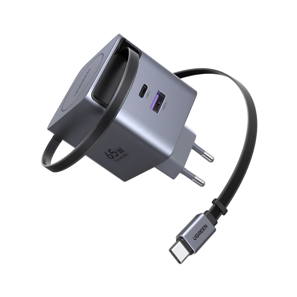 UGREEN GaN Quick Charger 1*Type-C + 1*USB-A with Cable Type-C Retractable, 65W, Black | X615