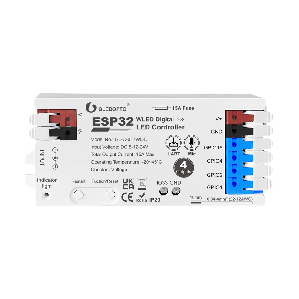 Gledopto ESP32 WLED Digital LED Strip Controller RGB/RGBW with 4-Output (GL-C-017WL-D), DC5~24V, max 15A output, max 800 ICs, SM16703P, SK6812, WS2811