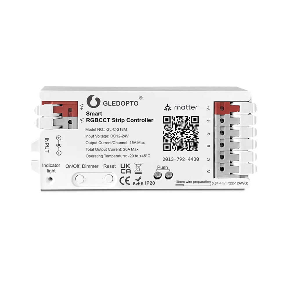 Gledopto Matter over WiFi Smart LED Controller RGB+CCT (GL-C-218M), Input DC12~24V, Output 15A/CH, max 20A in total, supports PUSH dimming.